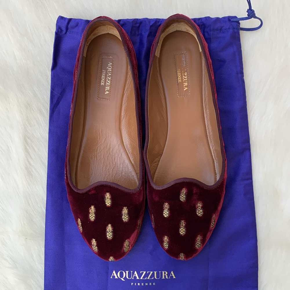Aquazzura Maroon Velvet Embroidered Golden Pineapple Print Slip-On Ballet Flats - Picture 3 of 15